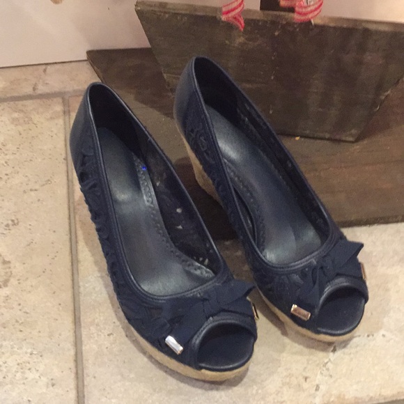 navy peep toe wedge